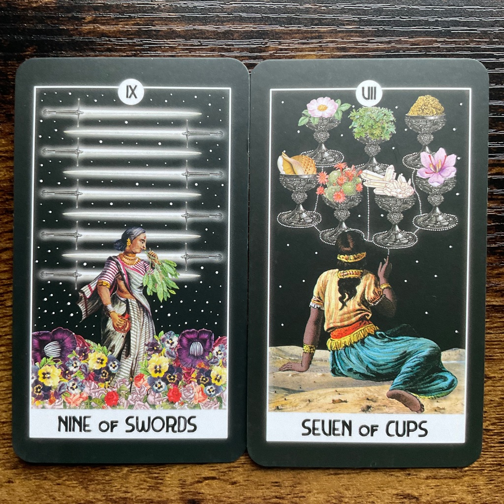 The Nine of Swords and the Seven of Cups from the Intuitive Night Goddess Tarot