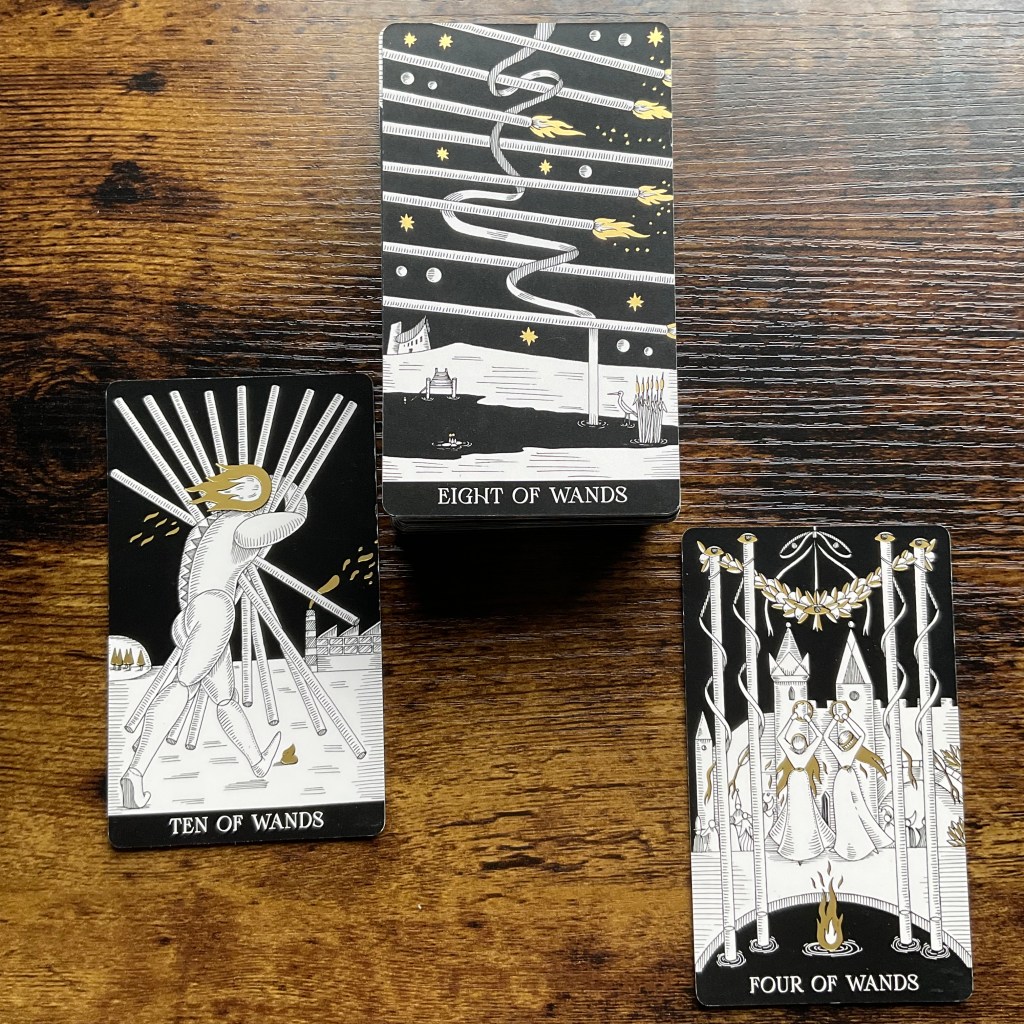 Ten of wands, Eight of Wands and Four of Wands from Symbolic Soul Tarot