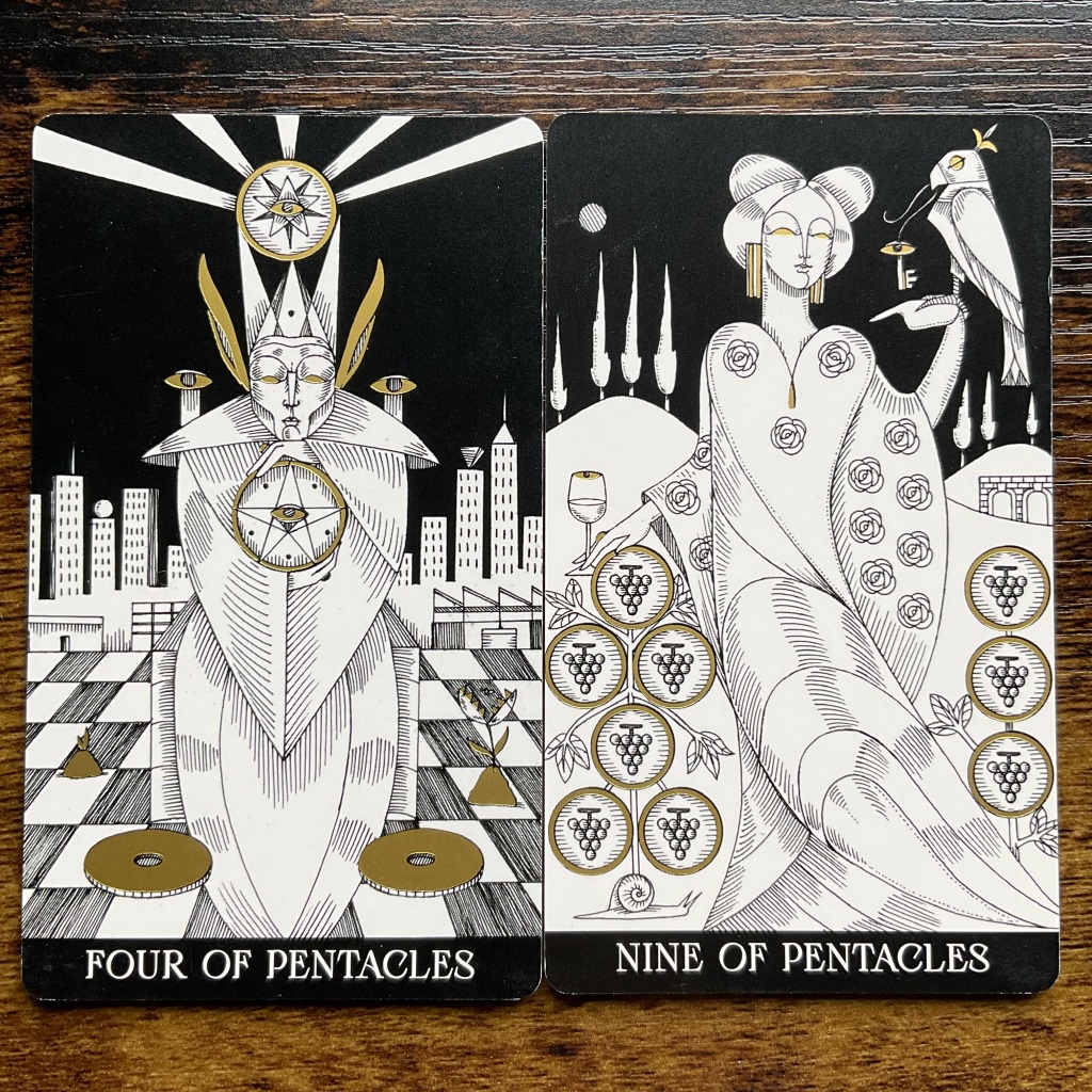 Four of Pentacles and Nine of Pentacles from the Symbolic Soul Tarot