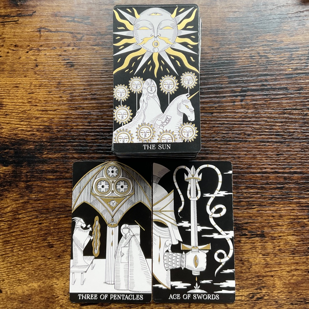 Ace of Swords, Three of Pentacles and The Sun From the Symbolic Soul Tarot