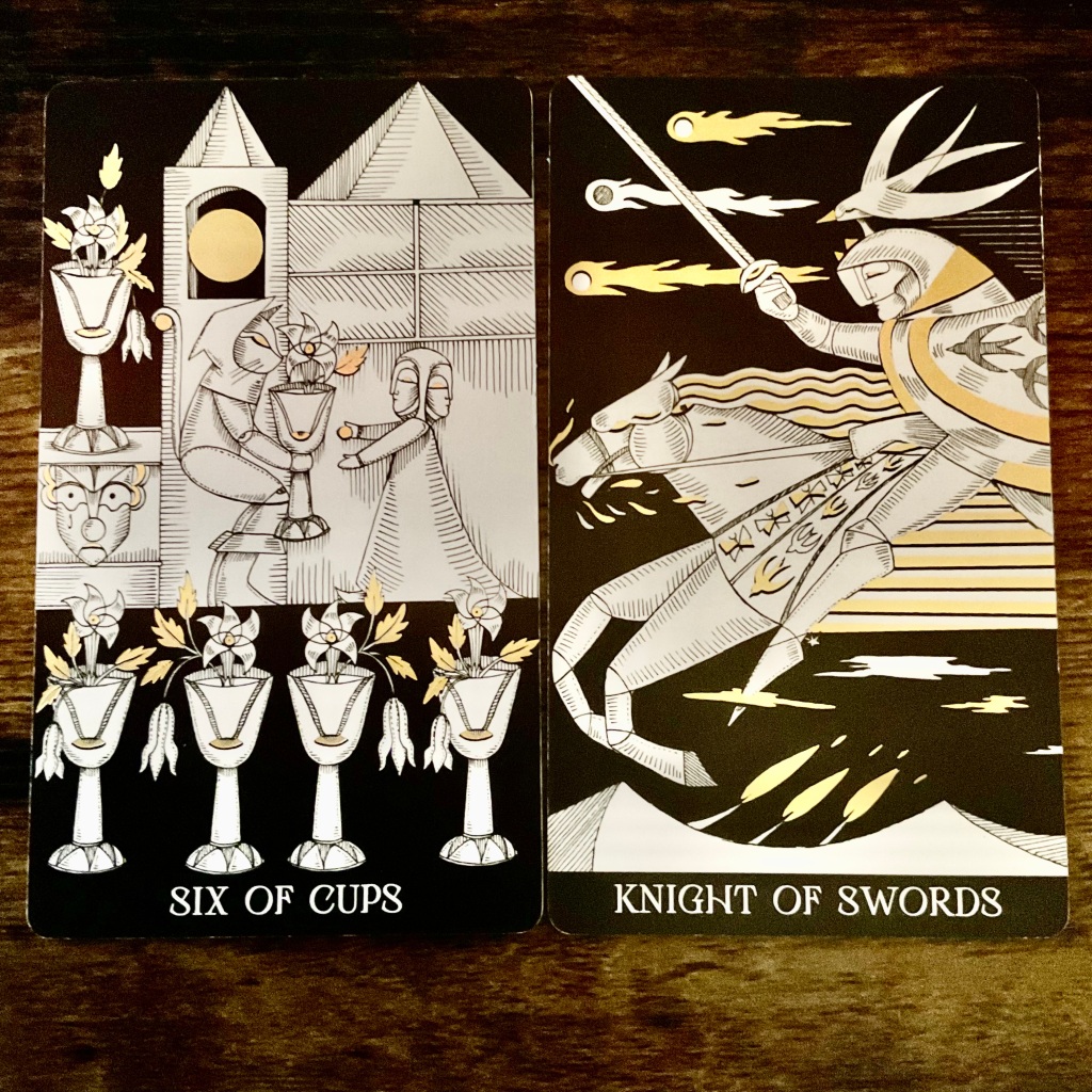 Six of Cups and the Knight of Swords from the Symbolic Soul Tarot