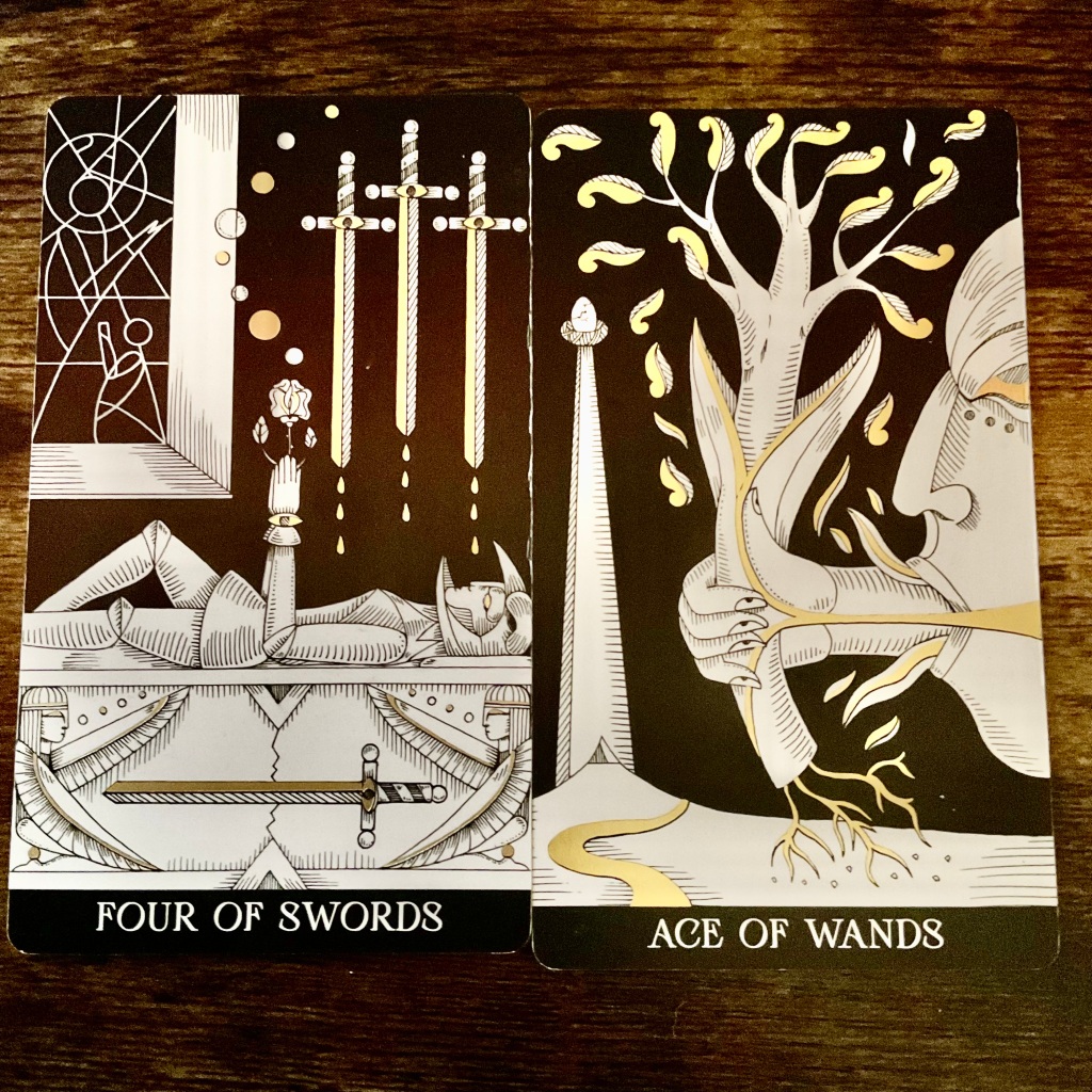 Four of Swords and Ace of wands from the Symbolic Soul Tarot