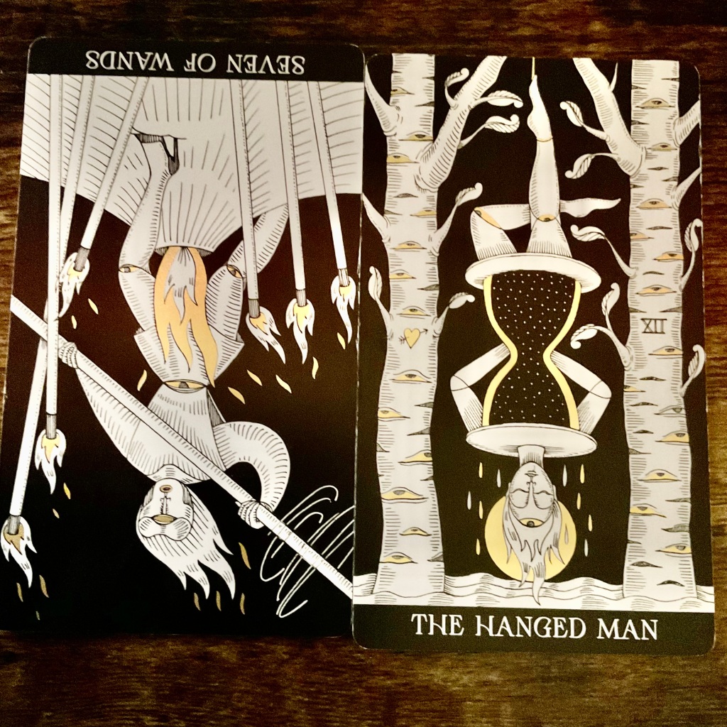 Seven of Wands and the Hanged man from the Symbolic Soul Tarot