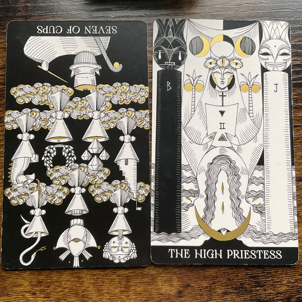 Seven of Cups in reverse and the High Priestess from the Symbolic Soul Tarot