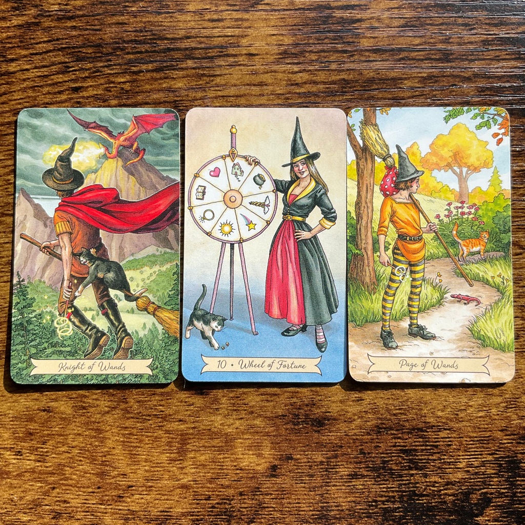 Page of Wands, Wheel of Fortune, Page of Wands from the Everyday Witch Tarot