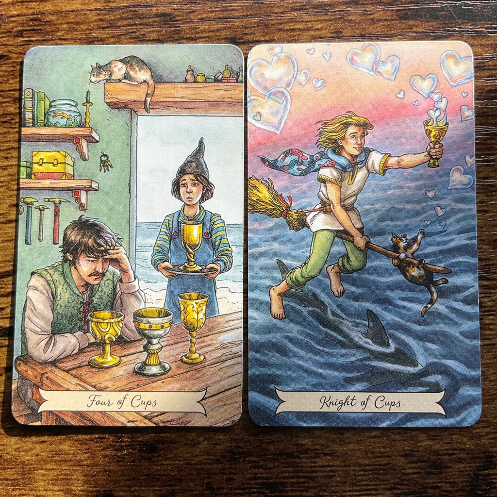 4 of Cups and Knight of Cups from the Everyday Witch Tarot