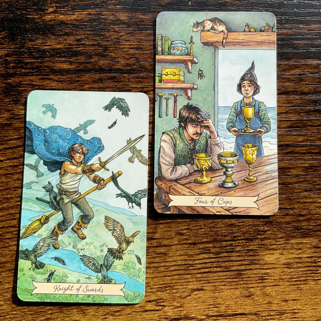 Knight of swords and Four of Cups from the Everyday Witch Tarot