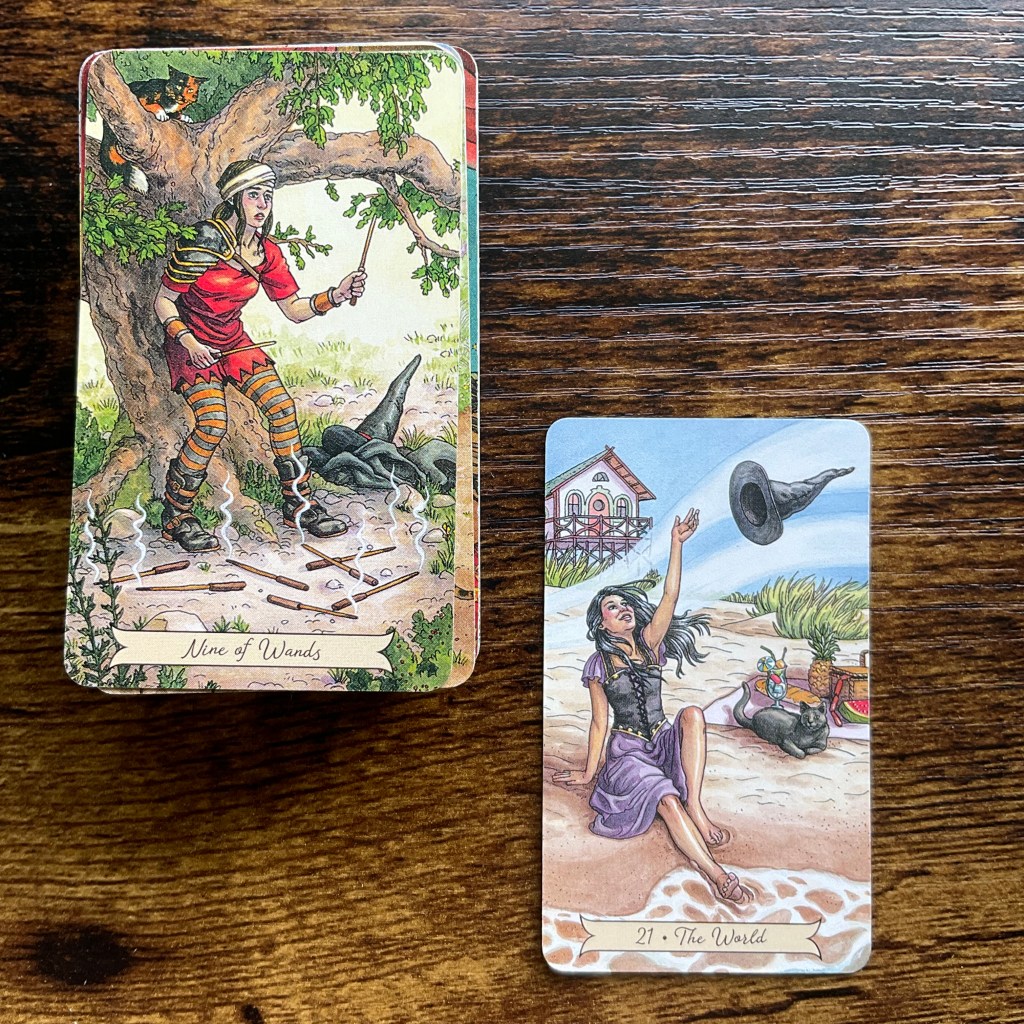 Nine of Wands and the World from the Everyday Witch Tarot