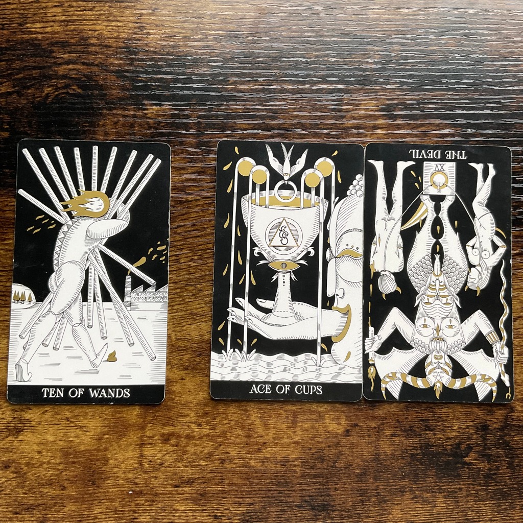 Ten of wands, Ace of Cups and the Devil from the Symbolic Soul Tarot