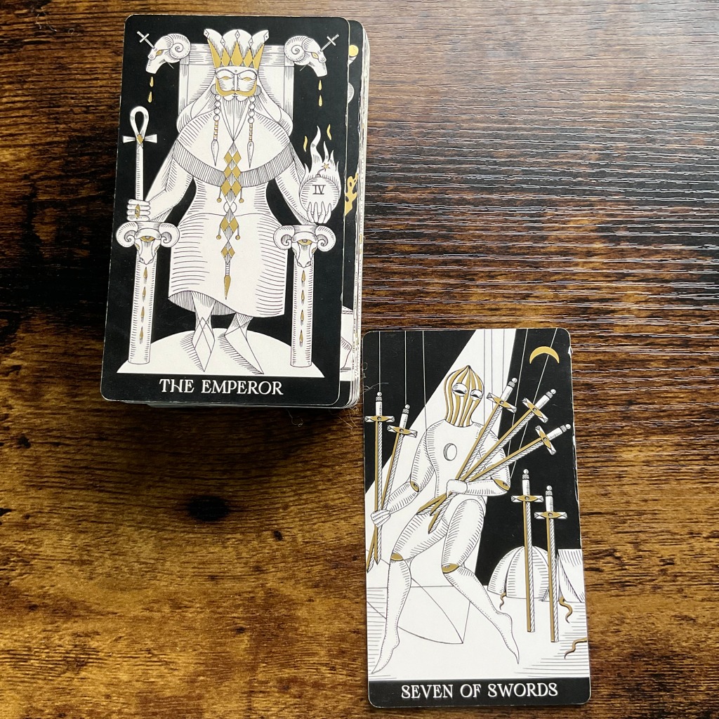 the Emperor and Seven of Swords from the Symbolic Soul Tarot