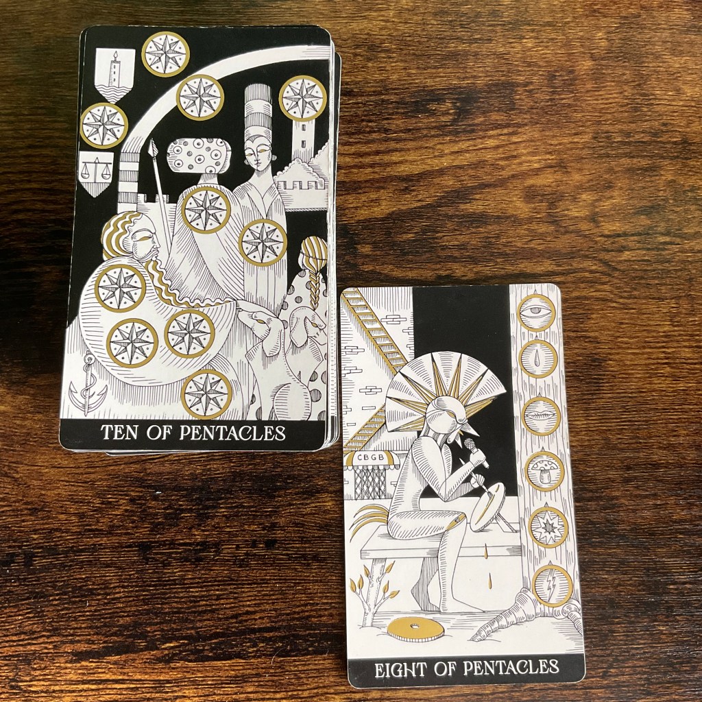 Ten Of Pentacles and Eight of Pentacles from the Symbolic Soul tarot
