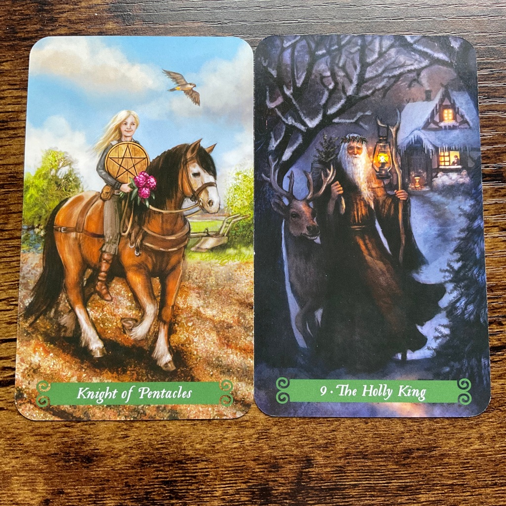 Knight of Pentacles and the Holly King from the Green Witch Tarot