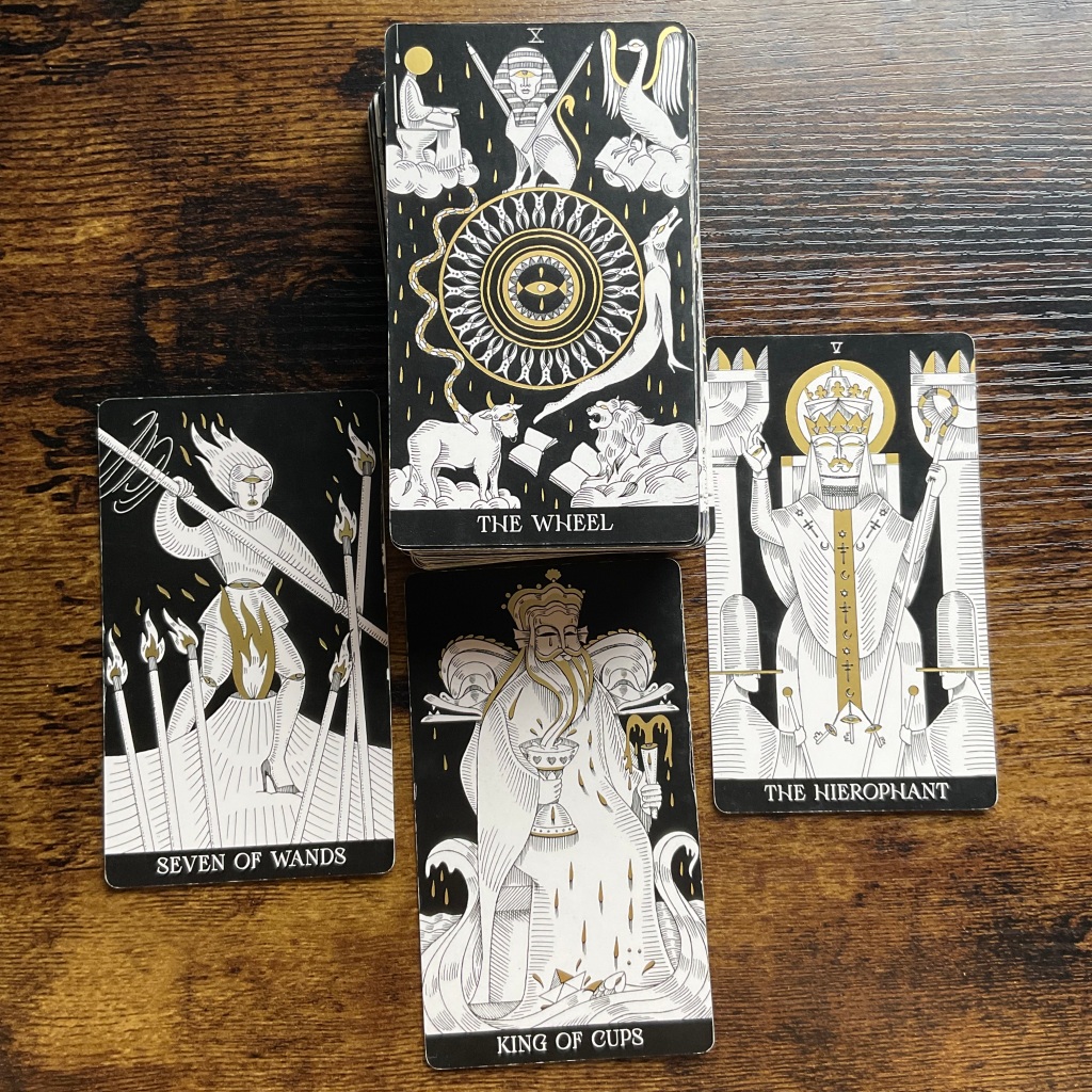Seven of Wands, King of Cups, The Hierophant, Wheel of Fortune from the Symbolic Soul Tarot