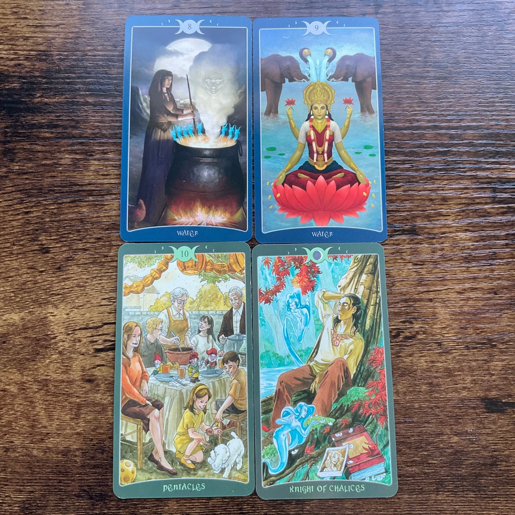 Eight of Water, Nine of Cups, 10 of Pentacles and Knight of Chalices