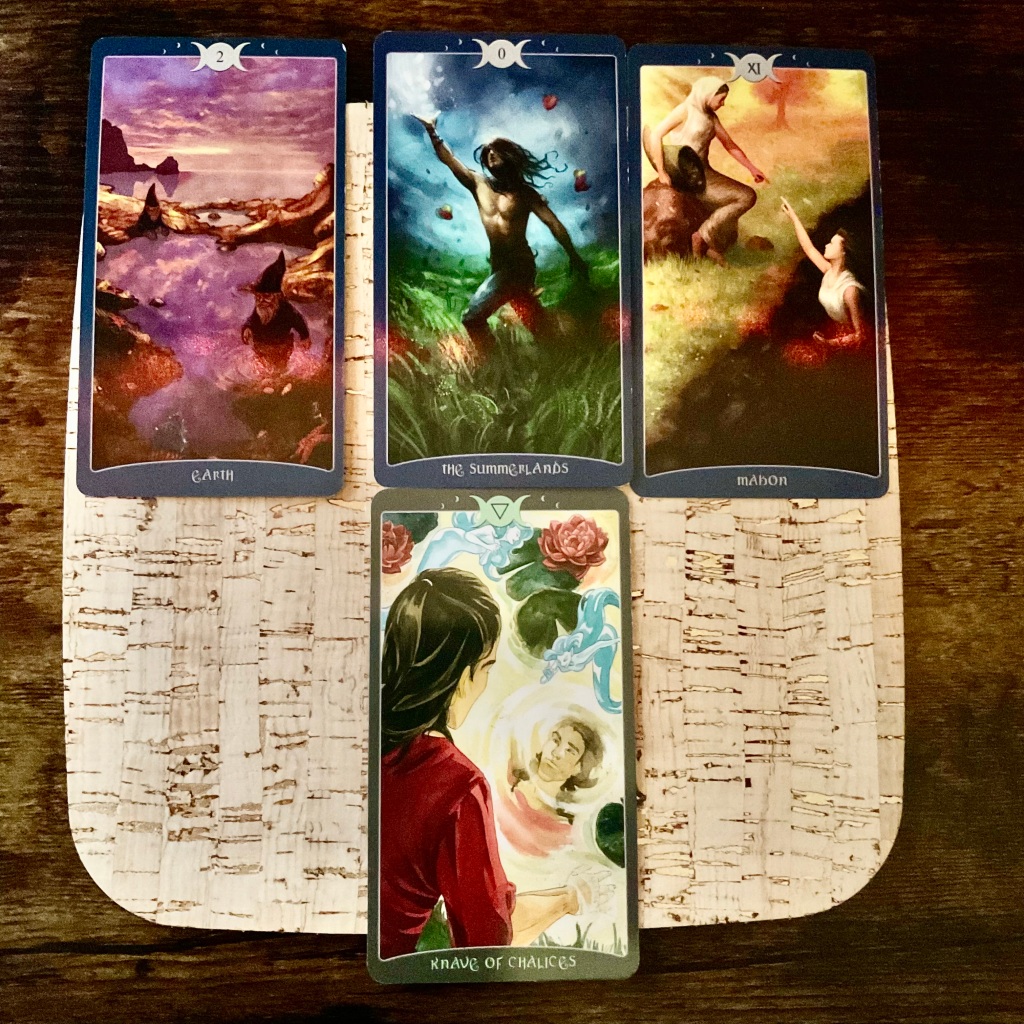 Two of Earth, The Summerlands, Madon, and Knight of Chalices from the Book of Shadows Tarot